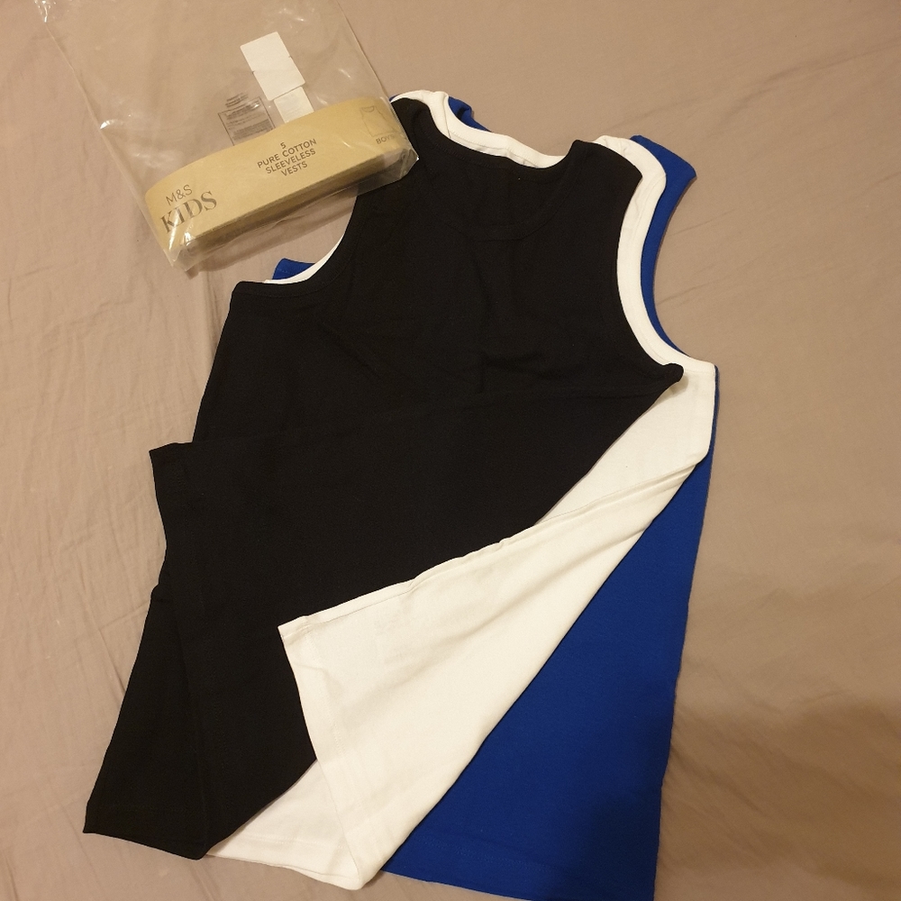 NWOT pack of 3 sleeveless t-shirts/ vests, black/ white/ cobalt blue, 12/14 year